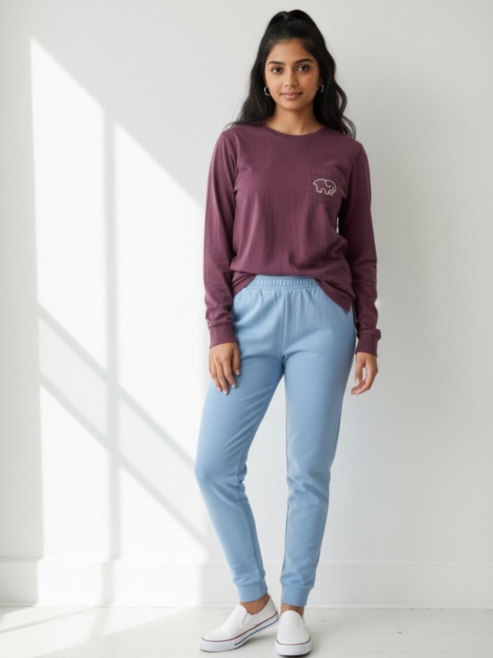 ivory ella Long Sleeve Pocket Tee - Plum with White Elephant